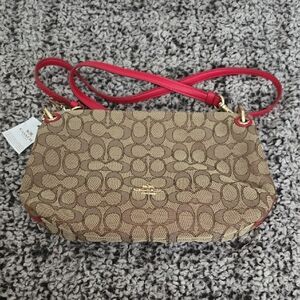 Coach Tan and Red Signature Shoulder Bag